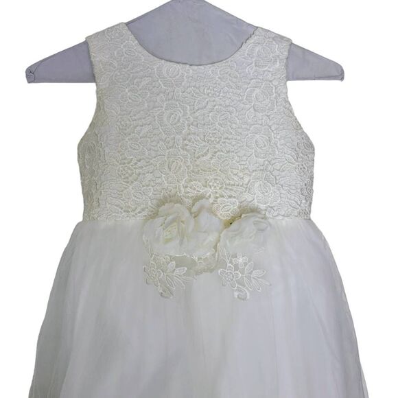 Flower Girl White Hi Lo Silver Sequined Flower Waist Long Train Wedding Dress - Picture 2 of 9